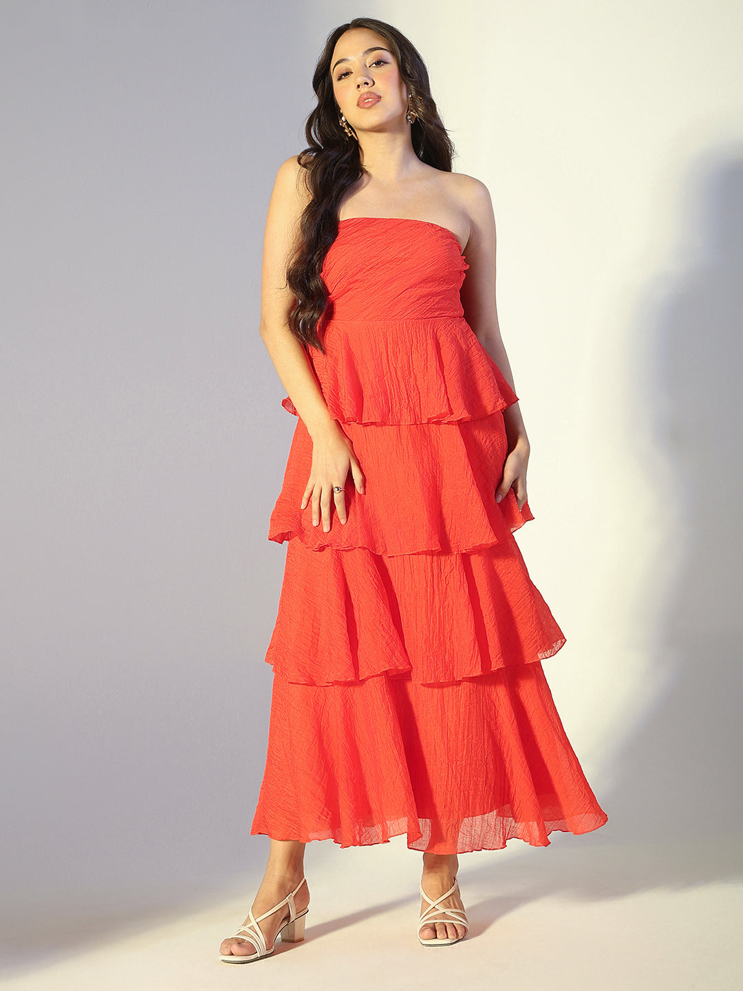 Women's Red Layered Ruffle Strapless Maxi Dress