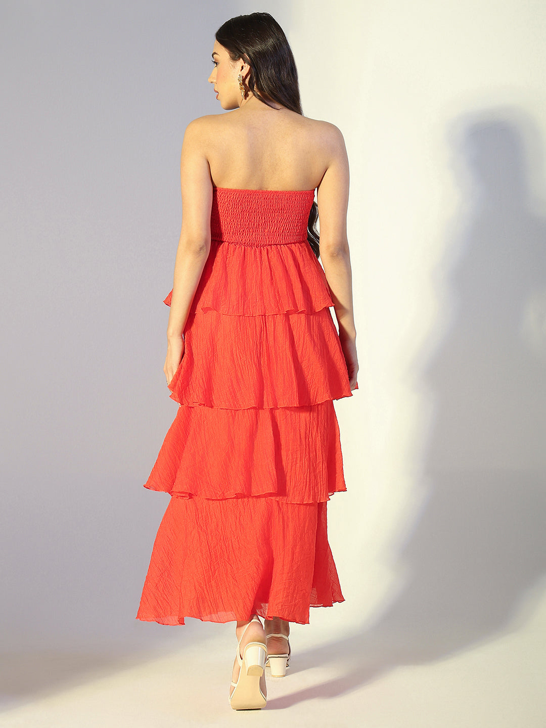Women's Red Layered Ruffle Strapless Maxi Dress