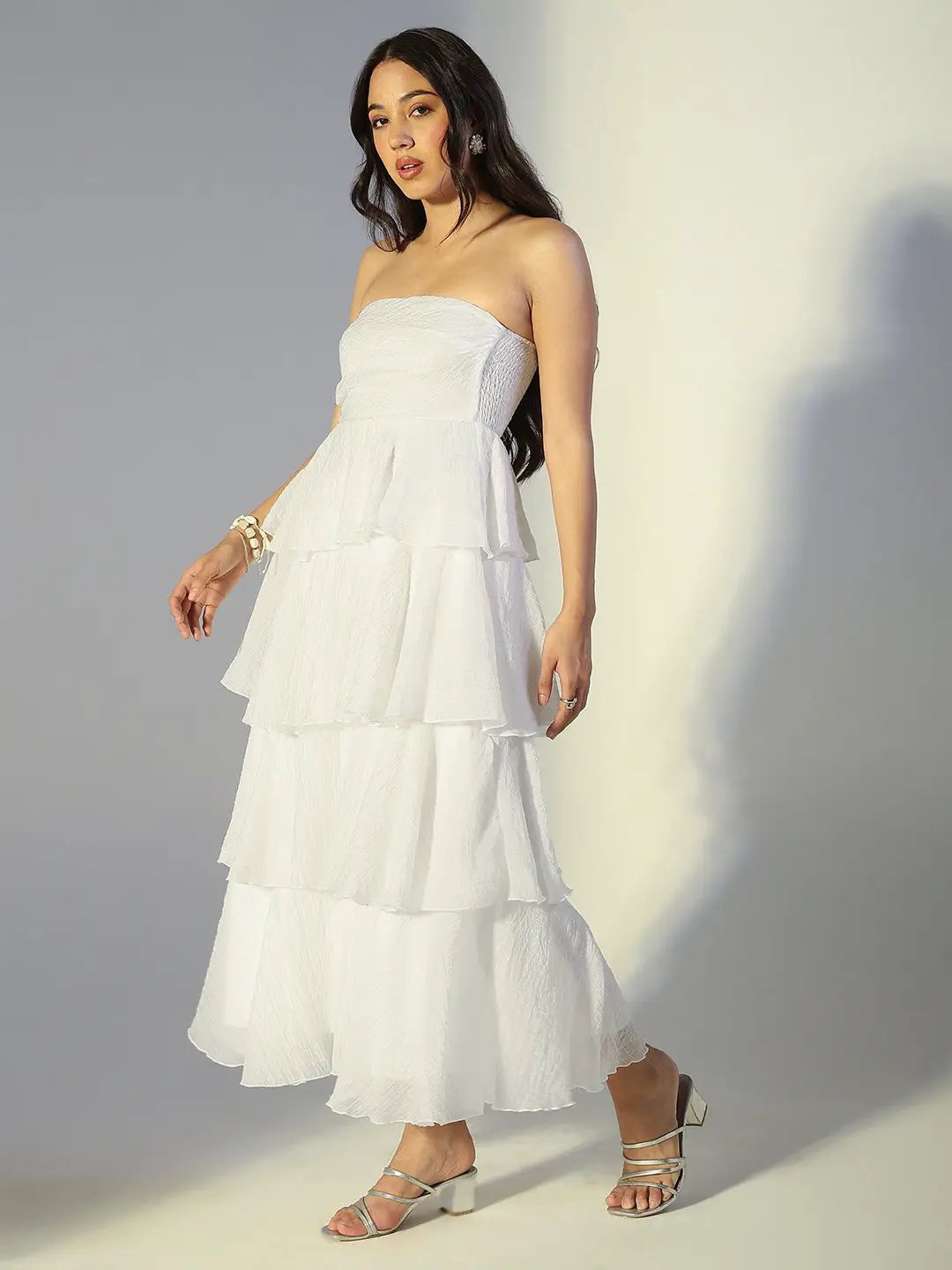 Shop Women's White Layered Ruffle Strapless Maxi Dress| Showoffff Shop Women's White Layered Ruffle Strapless Maxi Dress| Showoffff