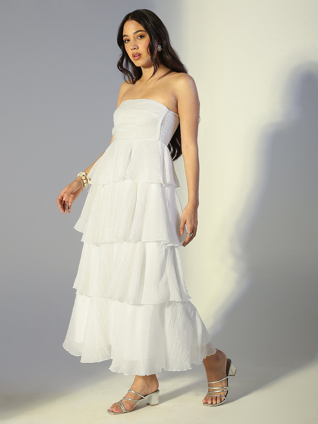 Women's White Layered Ruffle Strapless Maxi Dress