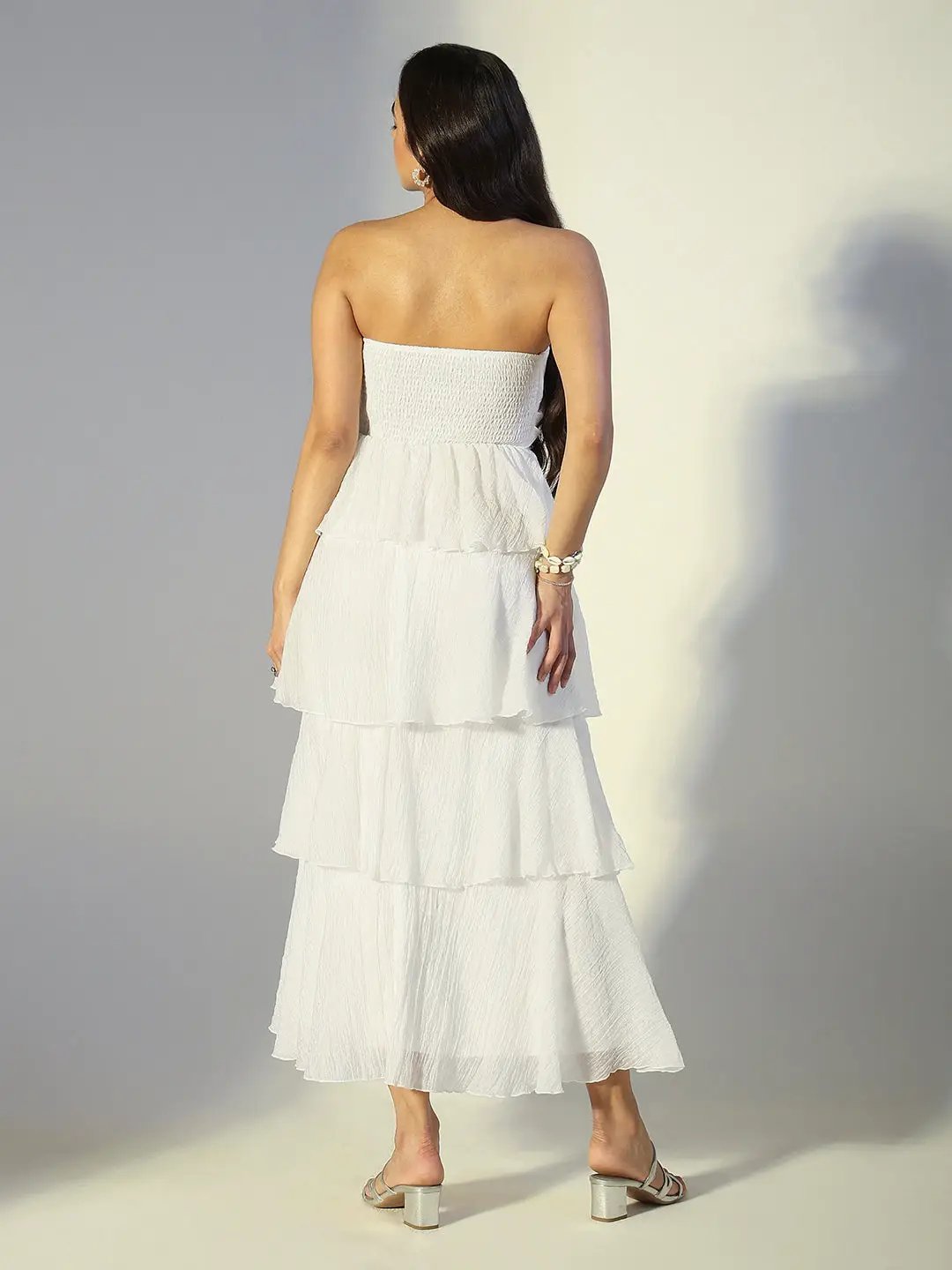 Shop Women's White Layered Ruffle Strapless Maxi Dress| Showoffff Shop Women's White Layered Ruffle Strapless Maxi Dress| Showoffff