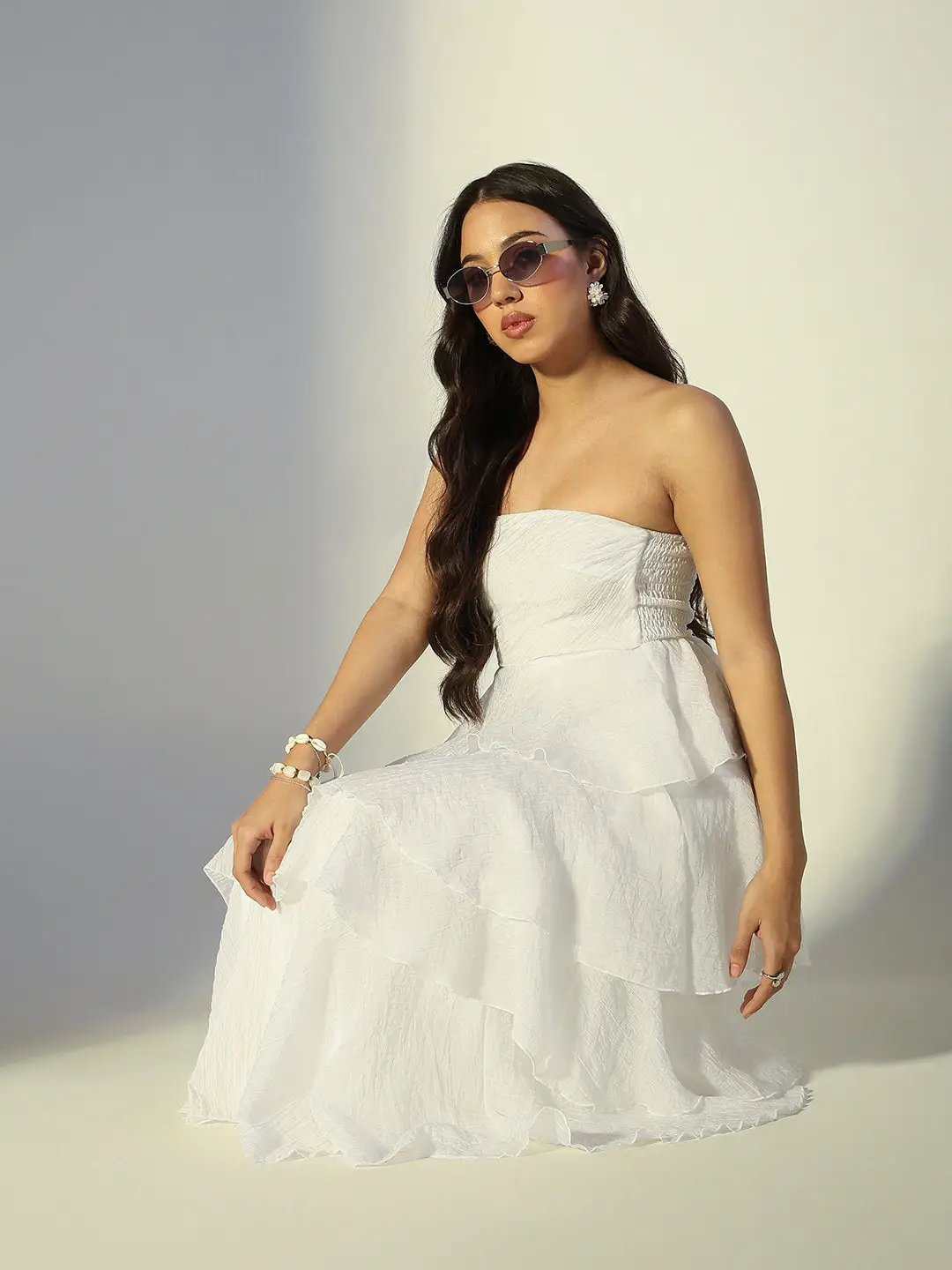 Shop Women's White Layered Ruffle Strapless Maxi Dress| Showoffff Shop Women's White Layered Ruffle Strapless Maxi Dress| Showoffff