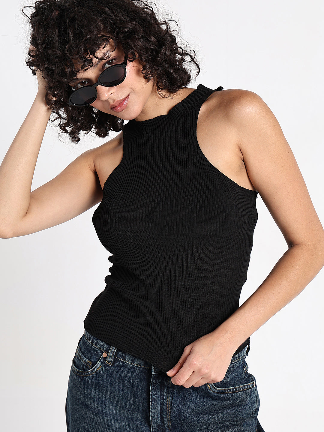 Women's Black Ribbed Sleeveless Halter Neck Top