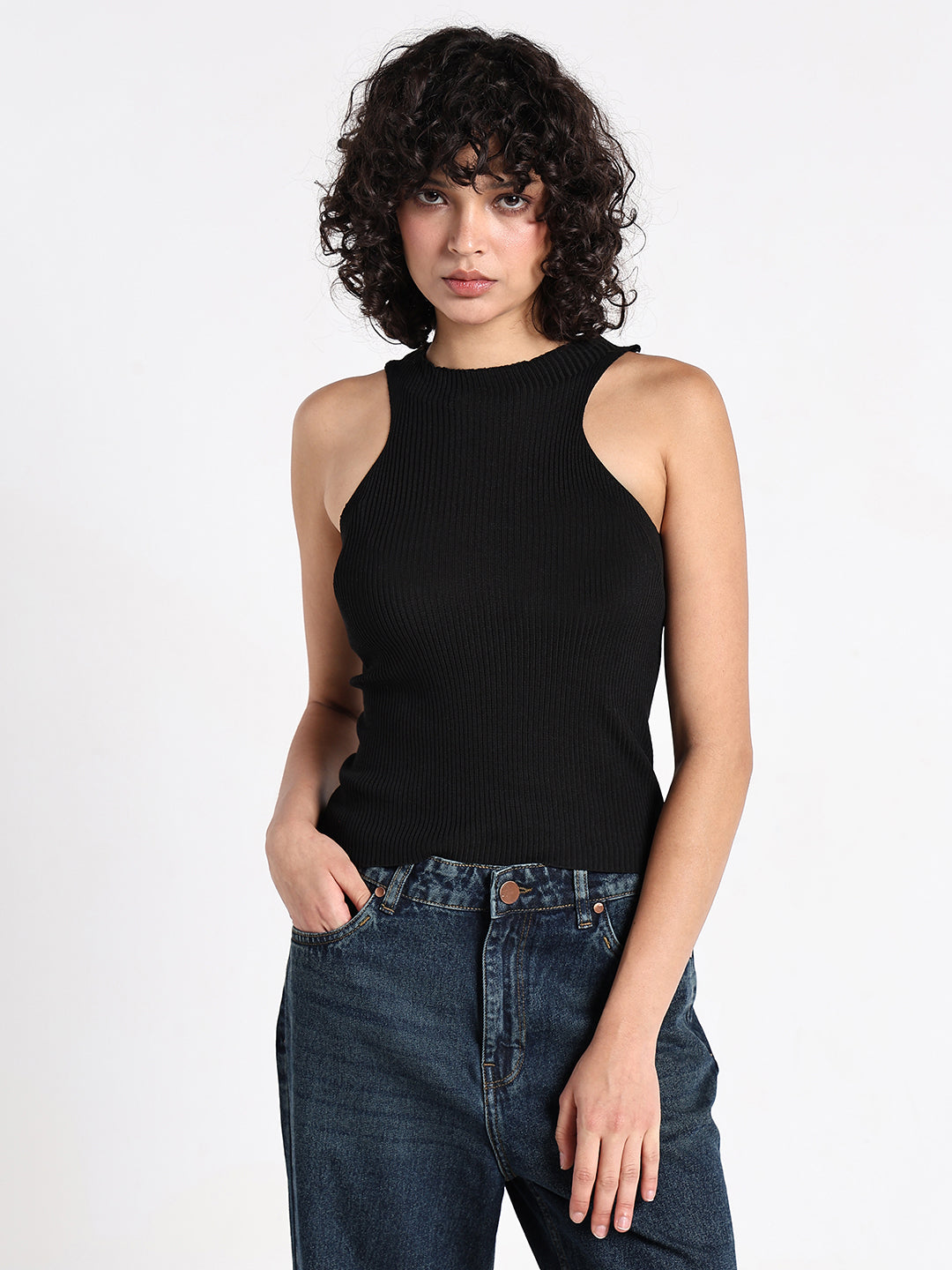 Women's Black Ribbed Sleeveless Halter Neck Top
