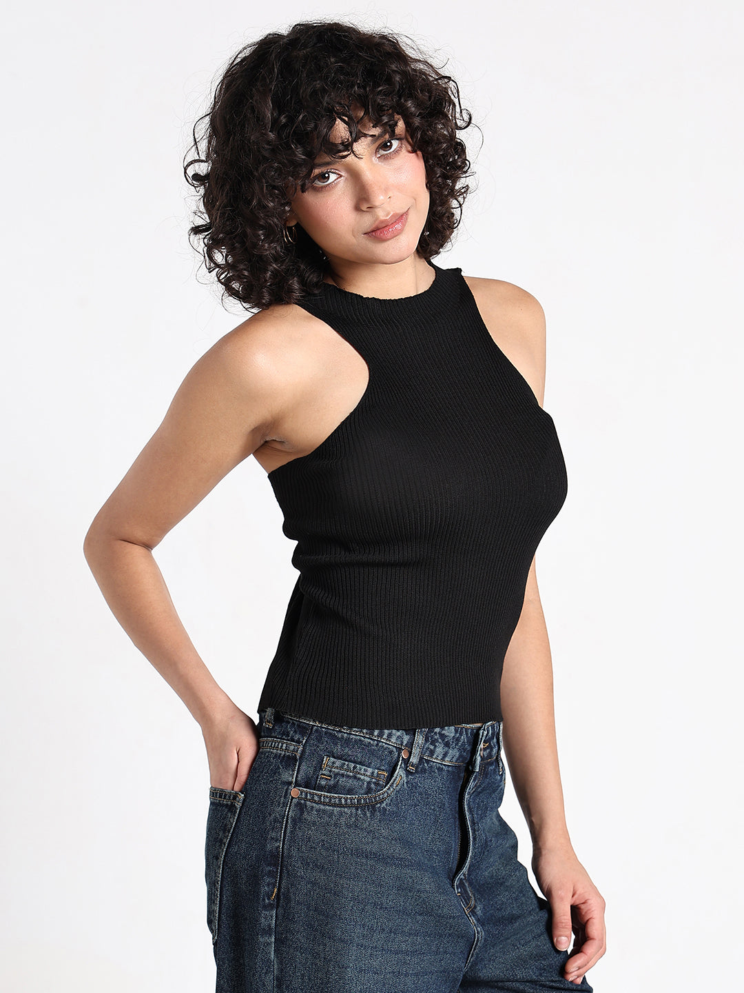 Women's Black Ribbed Sleeveless Halter Neck Top