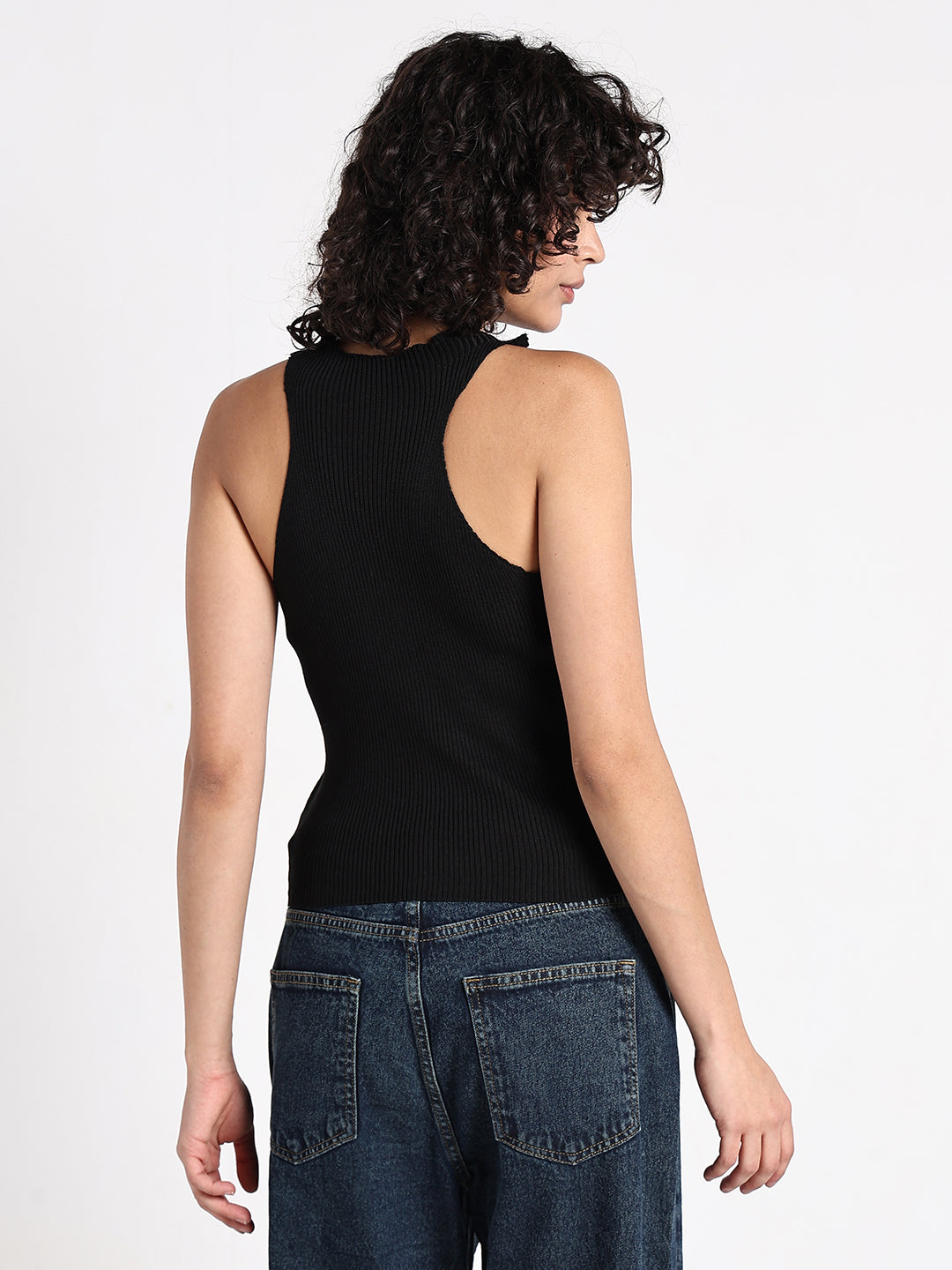 Women's Black Ribbed Sleeveless Halter Neck Top