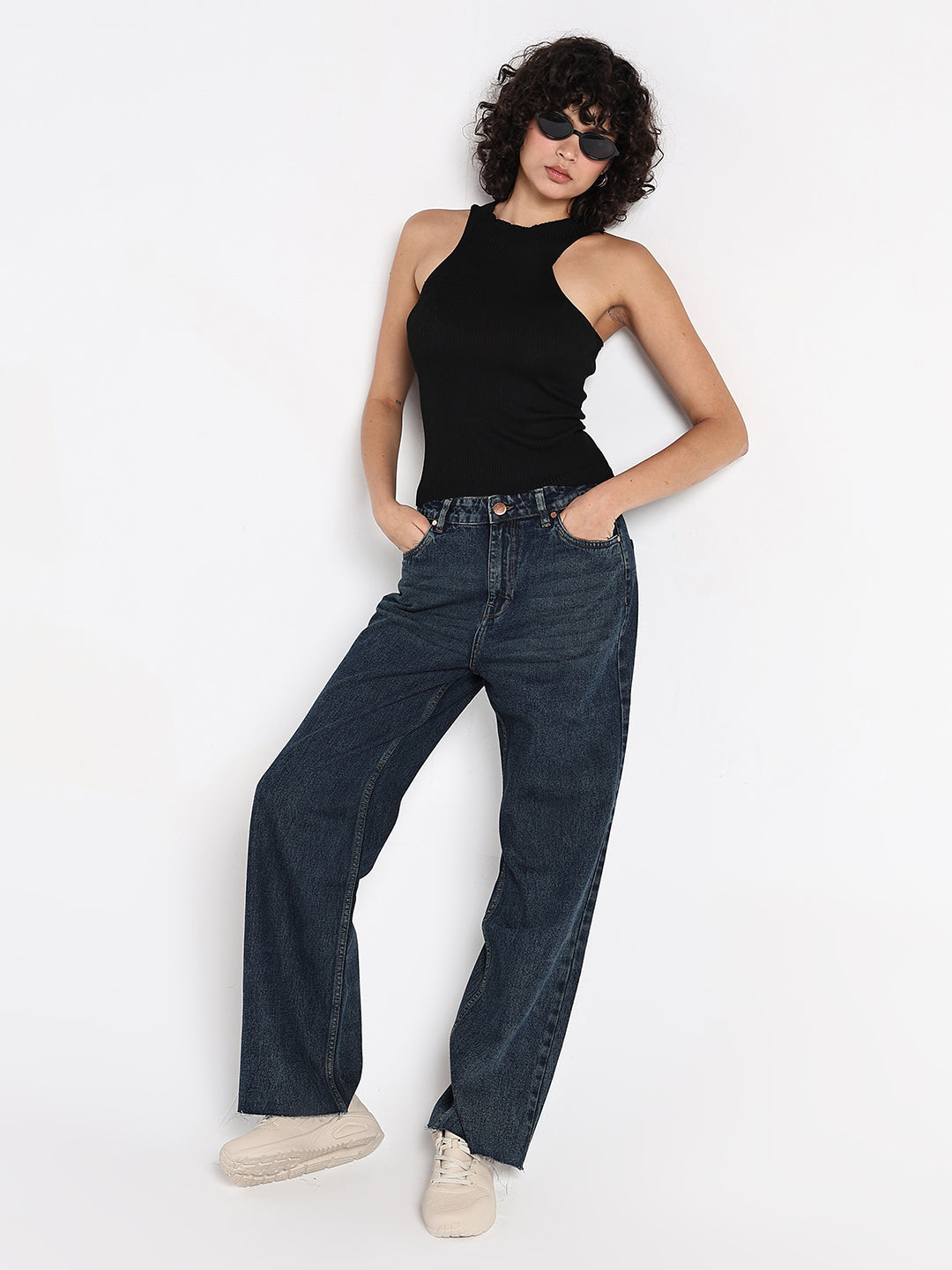 Women's Black Ribbed Sleeveless Halter Neck Top