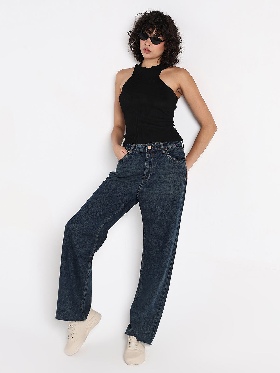 Women's Black Ribbed Sleeveless Halter Neck Top