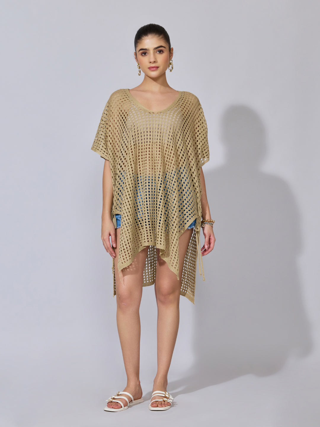 Women's Crochet Beige Open Knit Top