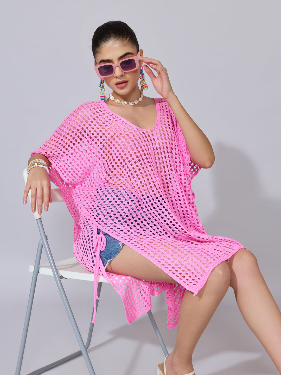 Women's Crochet Pink Open Knit Top