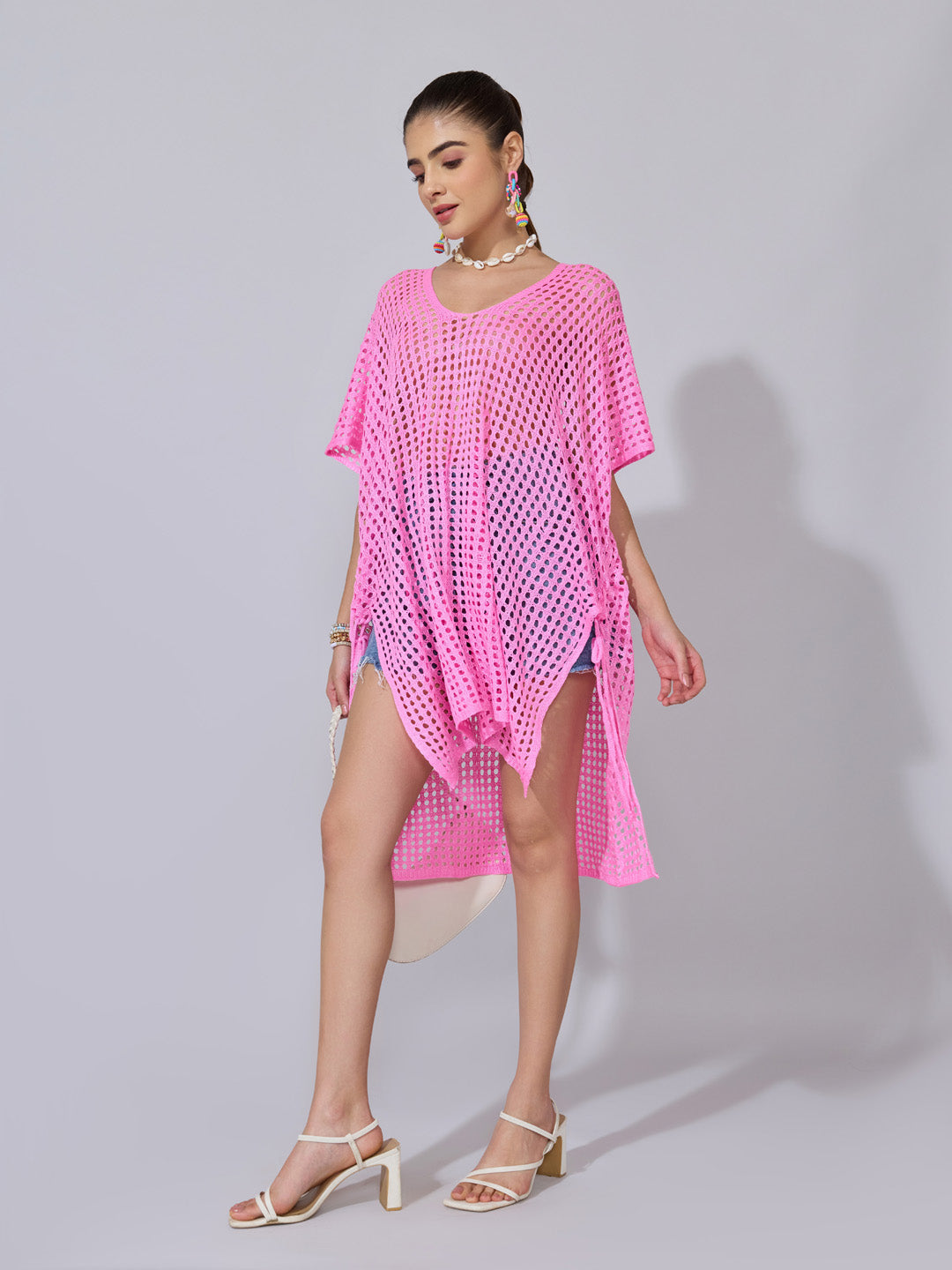 Women's Crochet Pink Open Knit Top