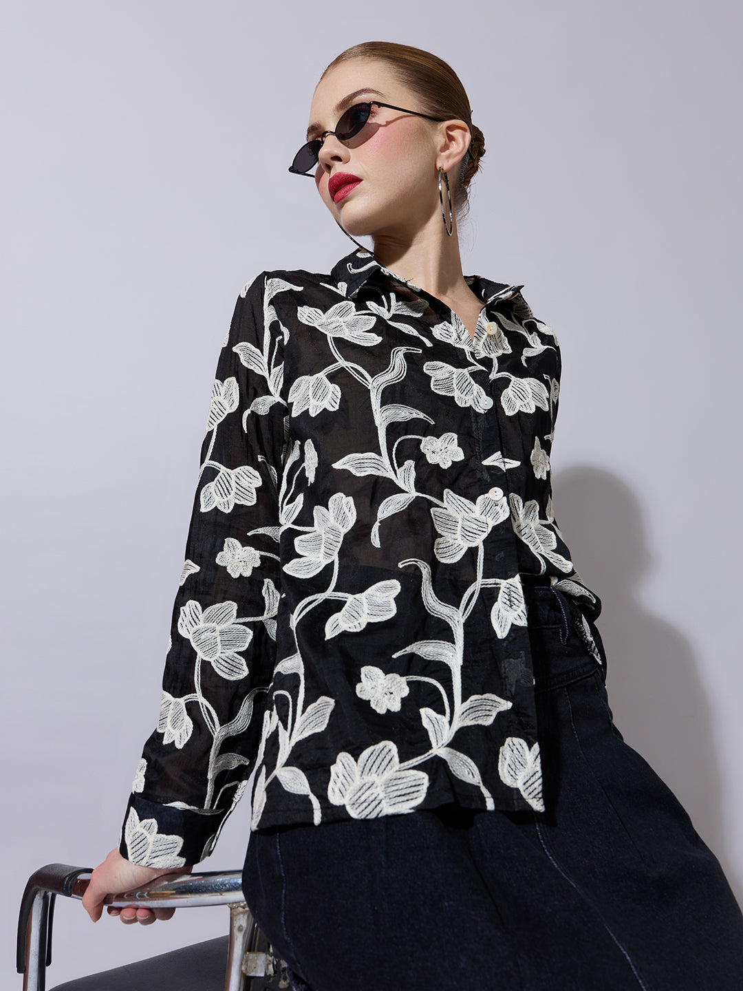 Women's Floral Embroidered Black Shirt