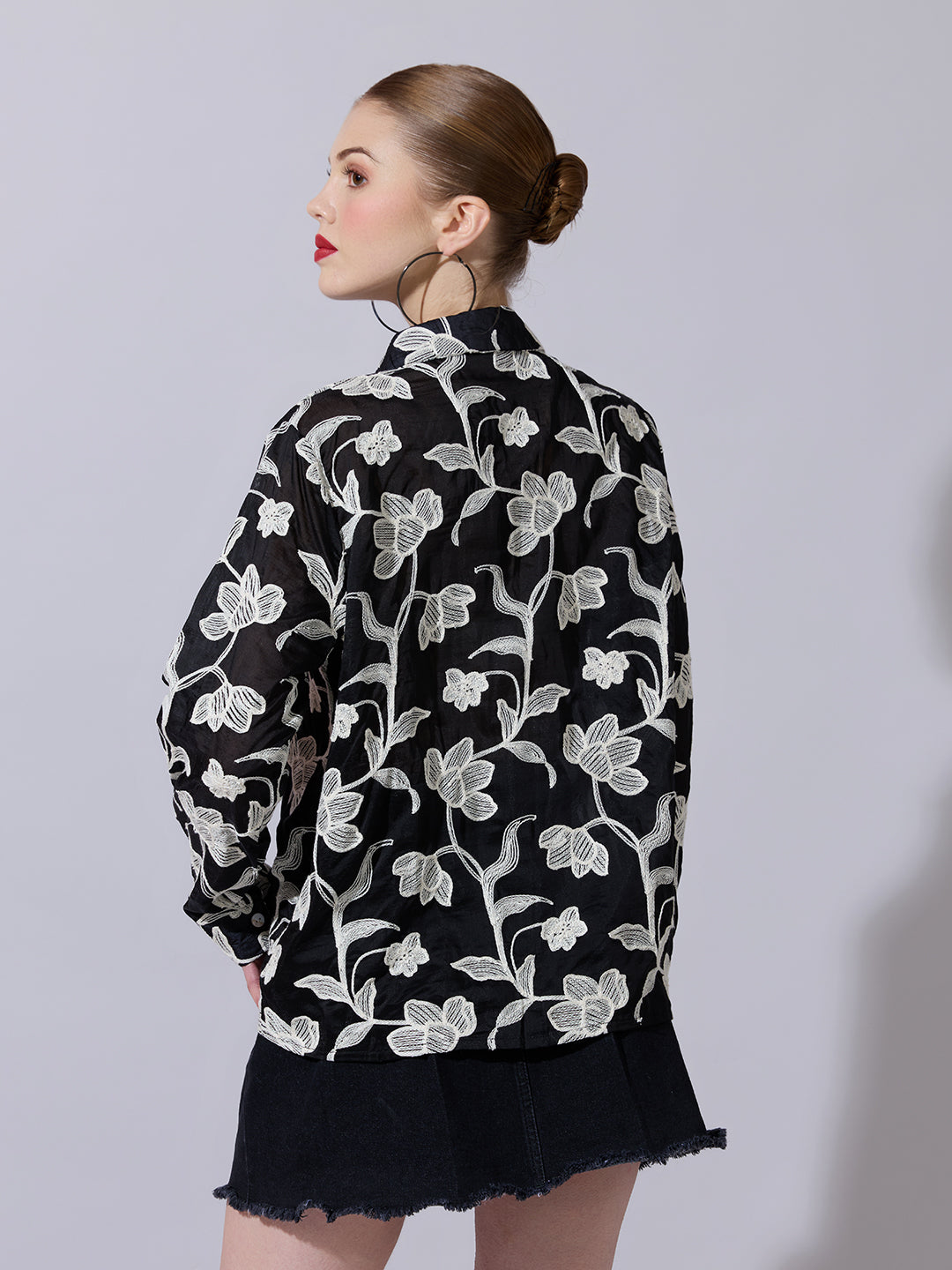 Women's Floral Embroidered Black Shirt
