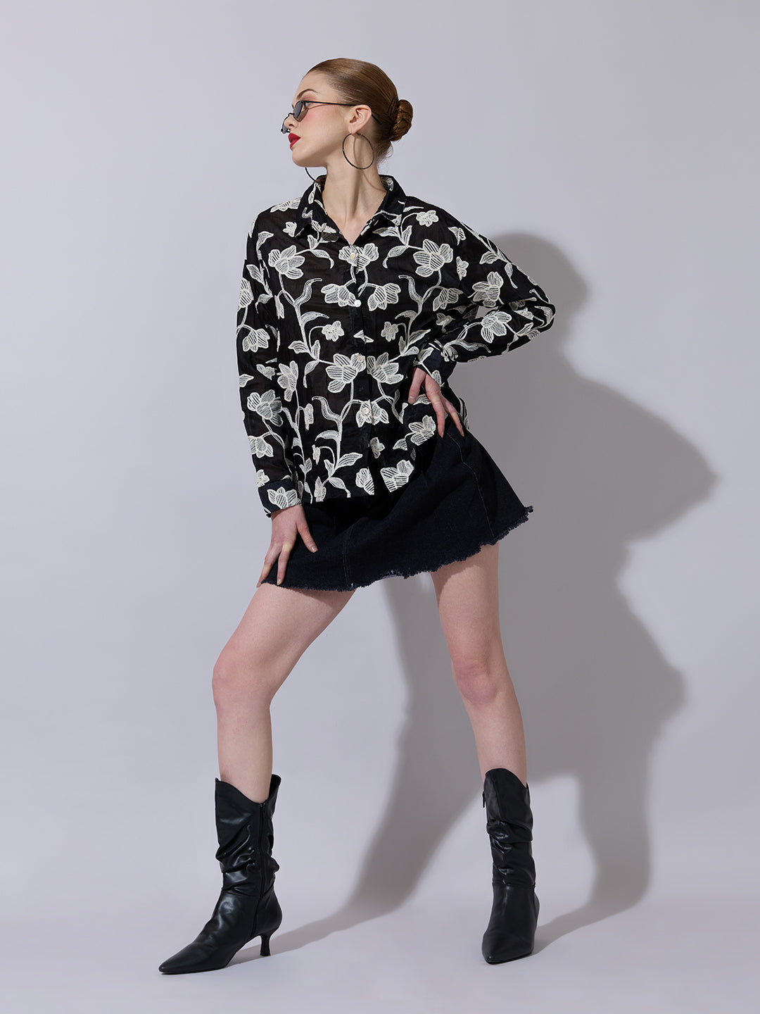 Women's Floral Embroidered Black Shirt