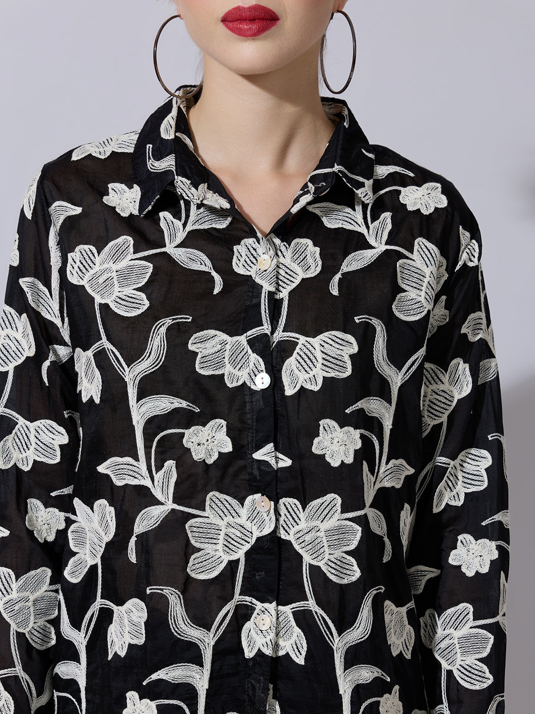 Women's Floral Embroidered Black Shirt