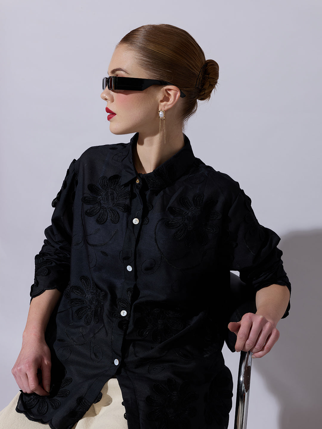 Women's Black Shirt with Floral Applique Detail