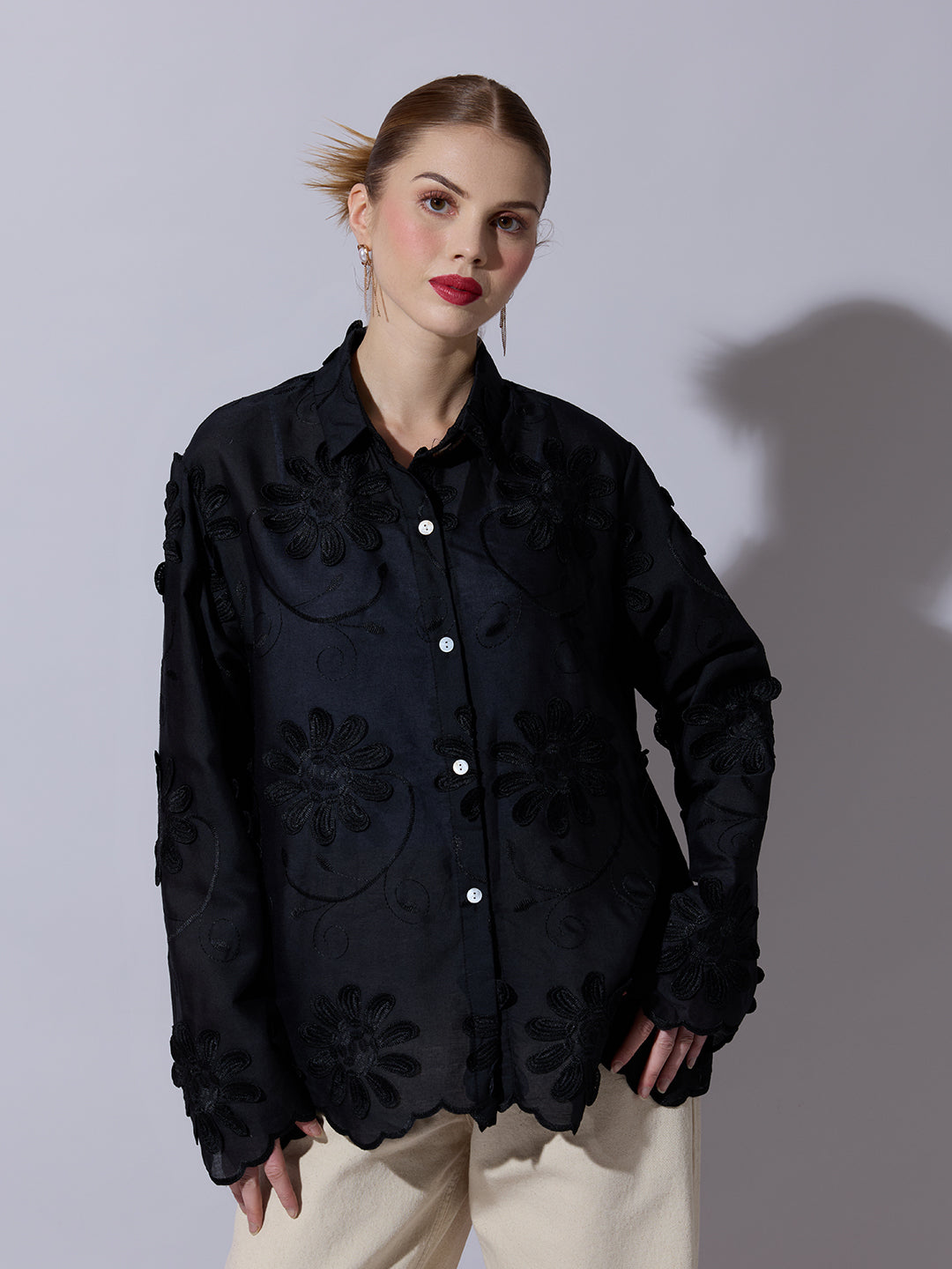 Women's Black Shirt with Floral Applique Detail