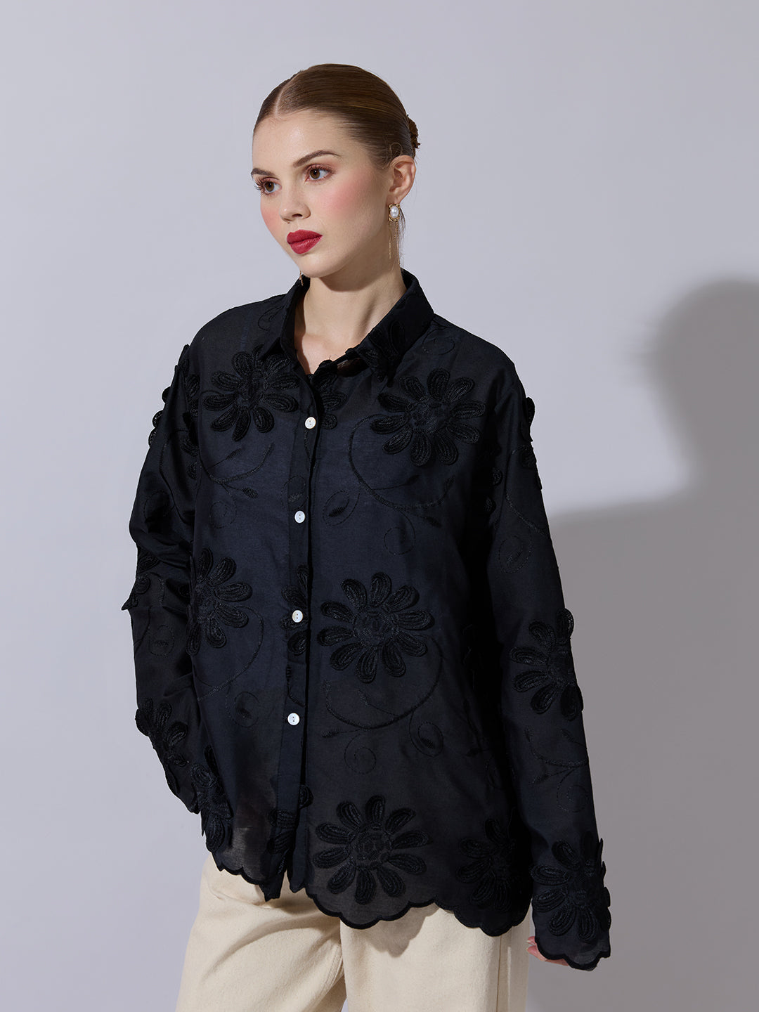 Women's Black Shirt with Floral Applique Detail