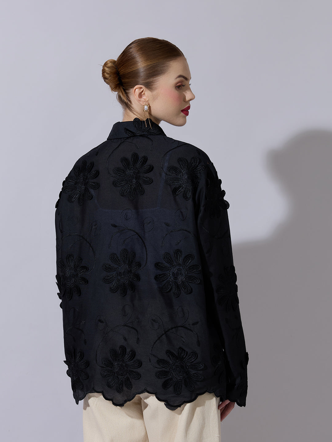 Women's Black Shirt with Floral Applique Detail