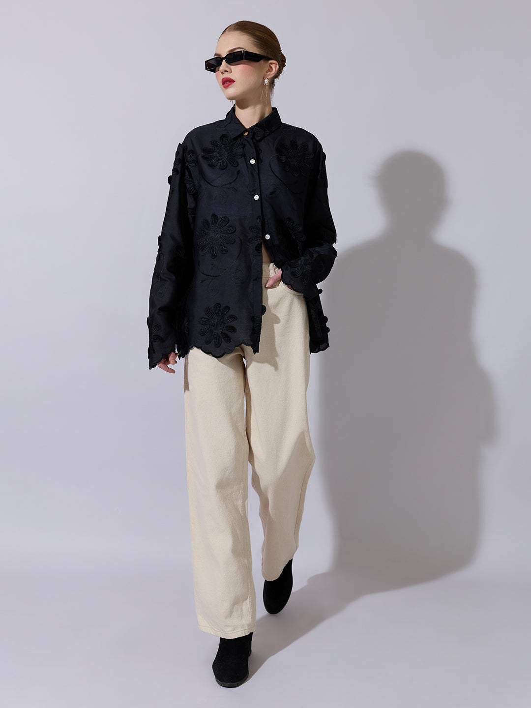 Women's Black Shirt with Floral Applique Detail