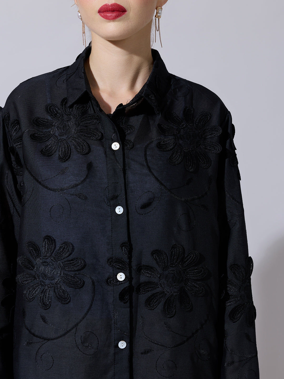 Women's Black Shirt with Floral Applique Detail