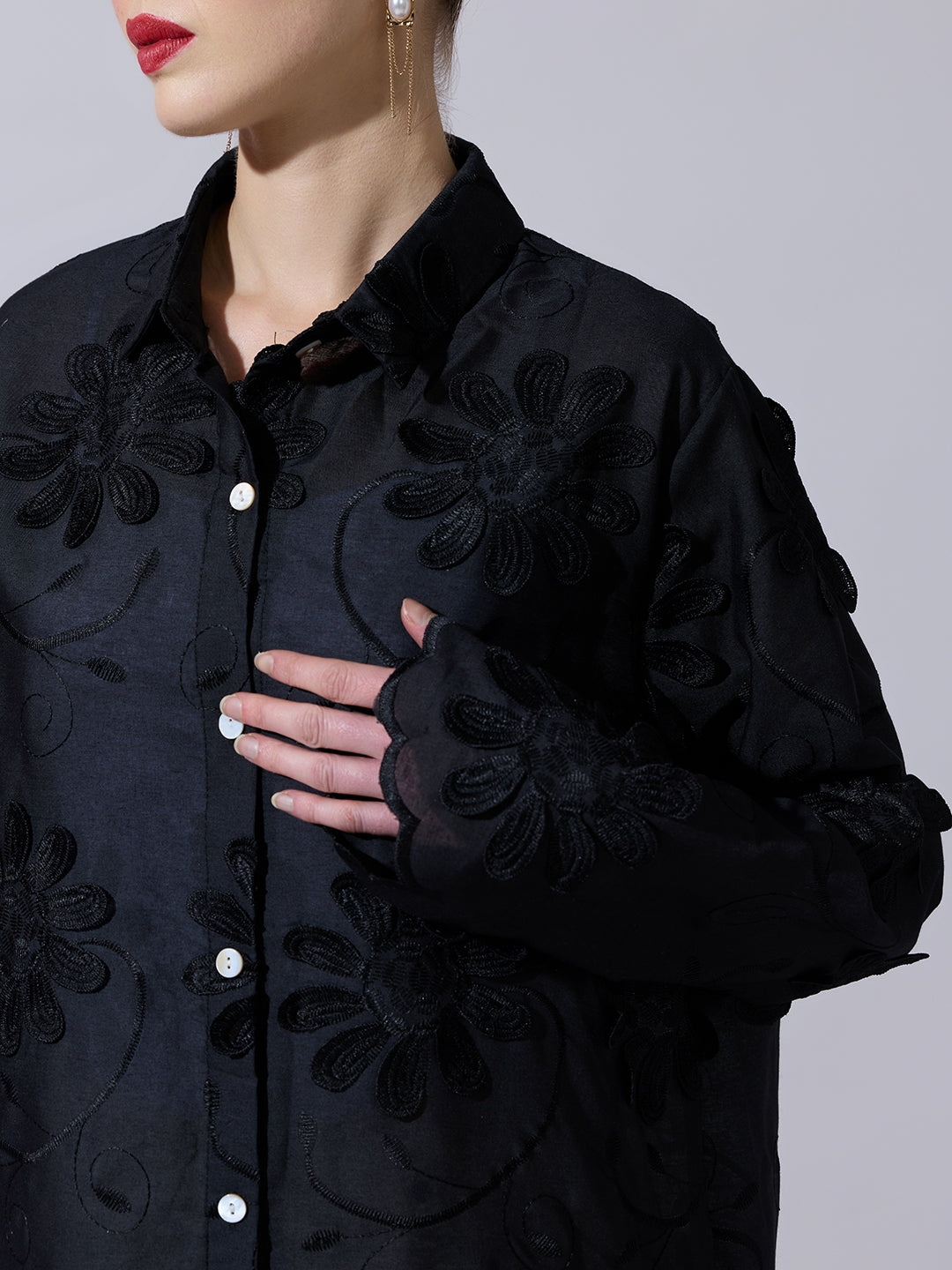 Women's Black Shirt with Floral Applique Detail