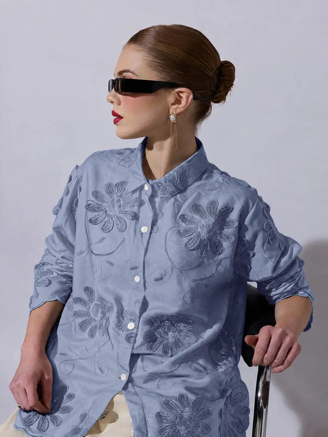 Women's Blue Shirt with Floral Applique Detail