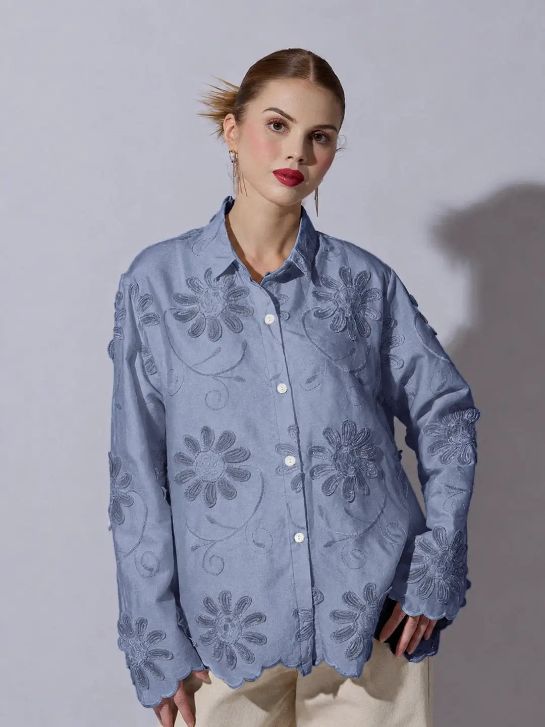 Women's Blue Shirt with Floral Applique Detail