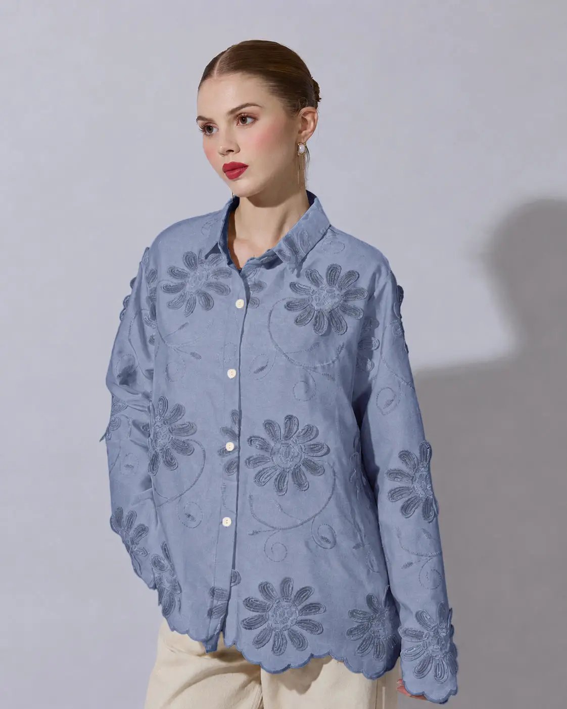 Women's Blue Shirt with Floral Applique Detail