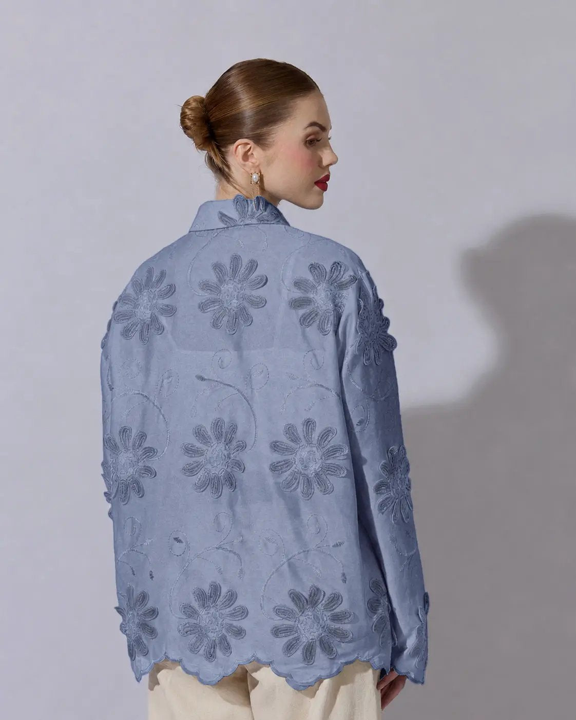 Women's Blue Shirt with Floral Applique Detail