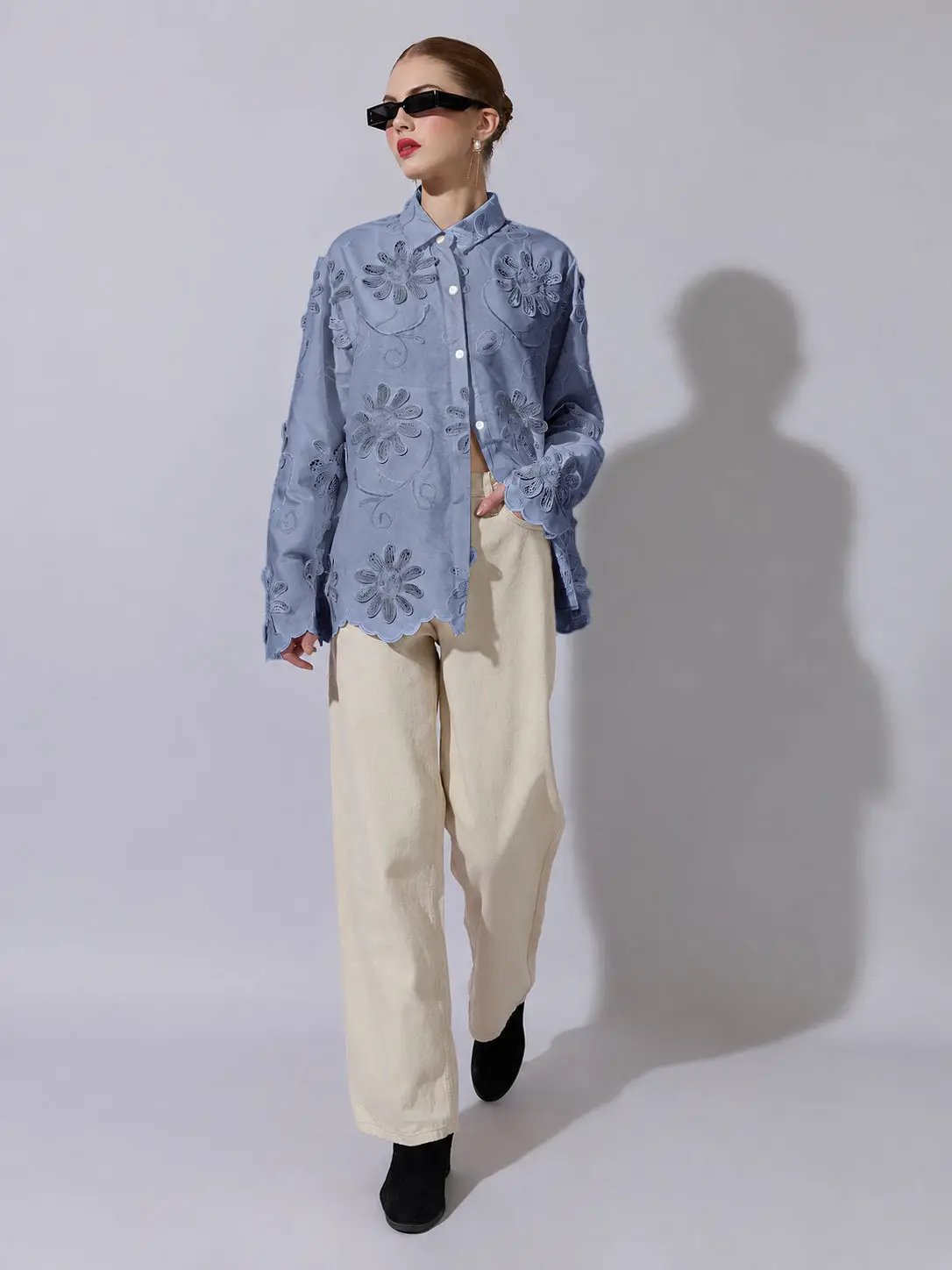 Women's Blue Shirt with Floral Applique Detail
