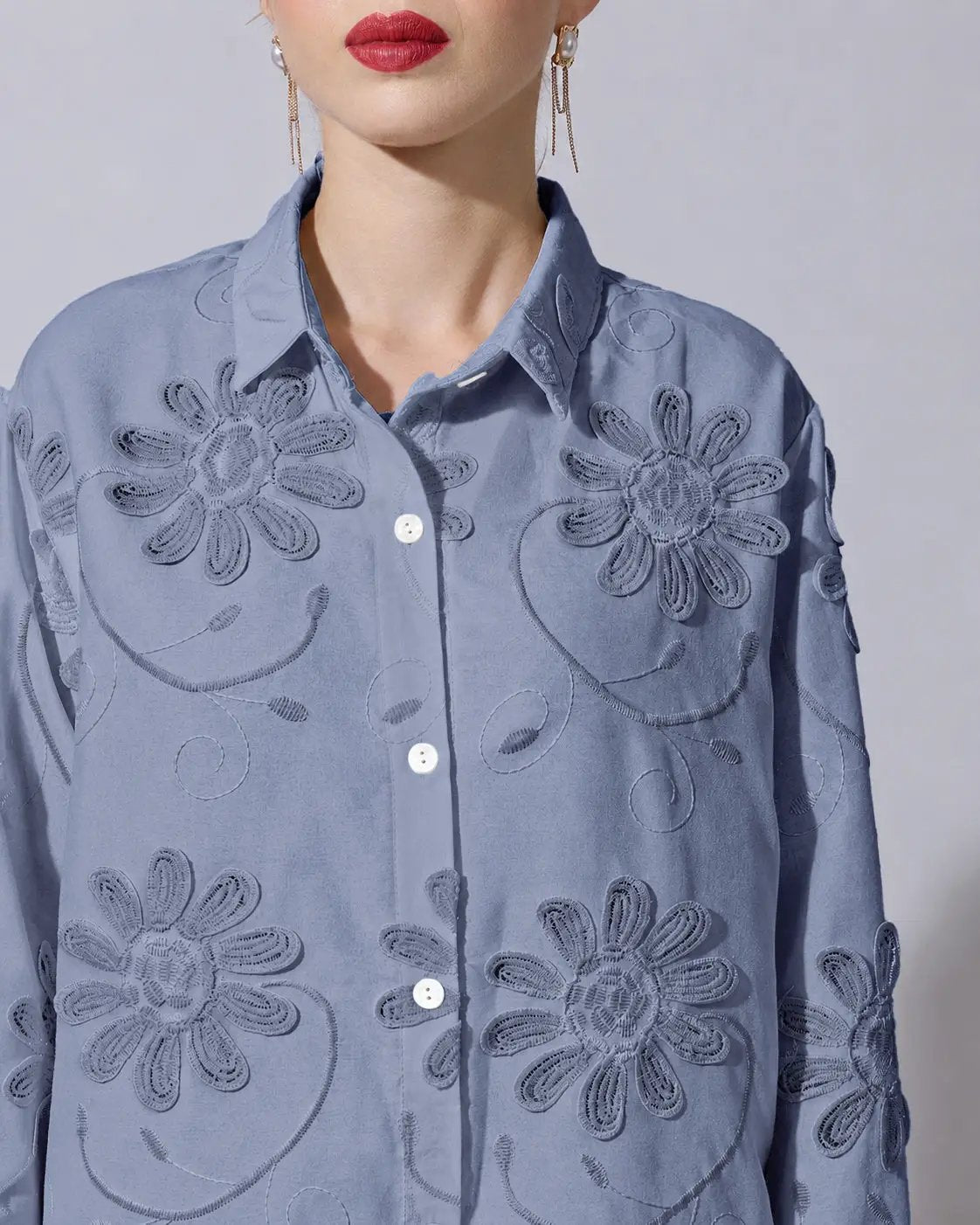 Women's Blue Shirt with Floral Applique Detail