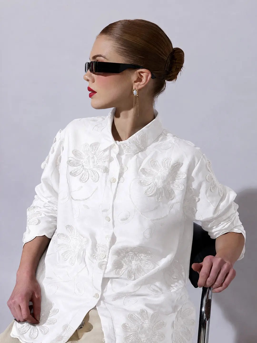 Women's White Shirt with Floral Applique Detail