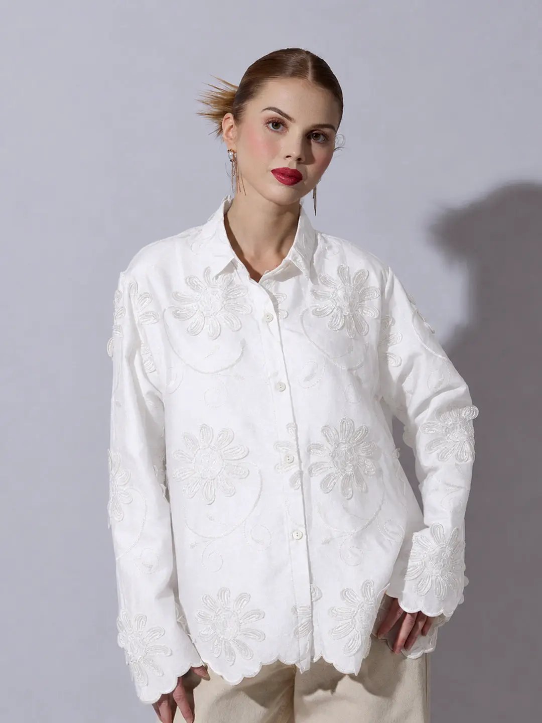 Women's White Shirt with Floral Applique Detail