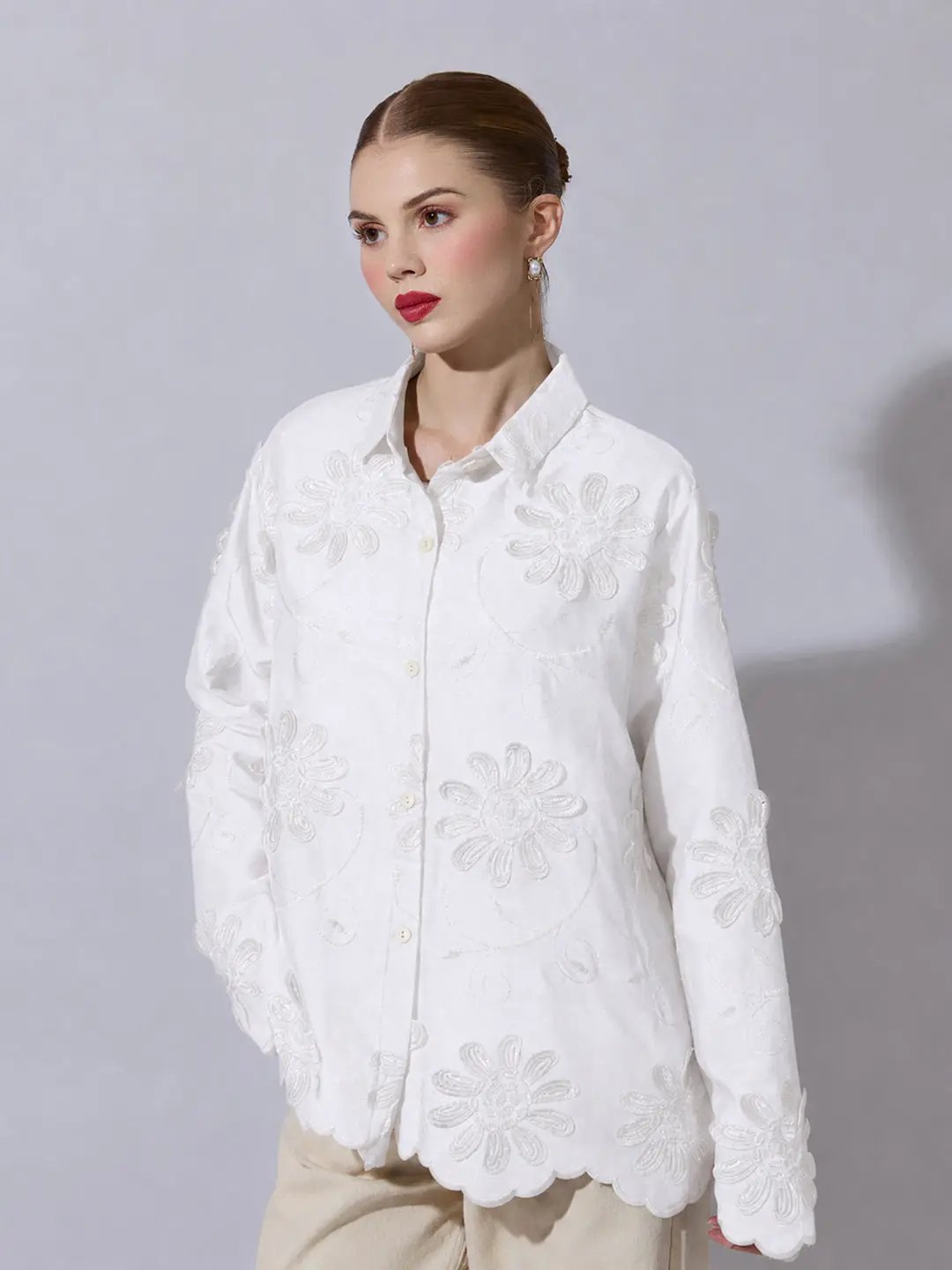 Women's White Shirt with Floral Applique Detail