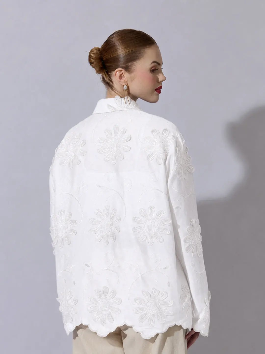 Women's White Shirt with Floral Applique Detail