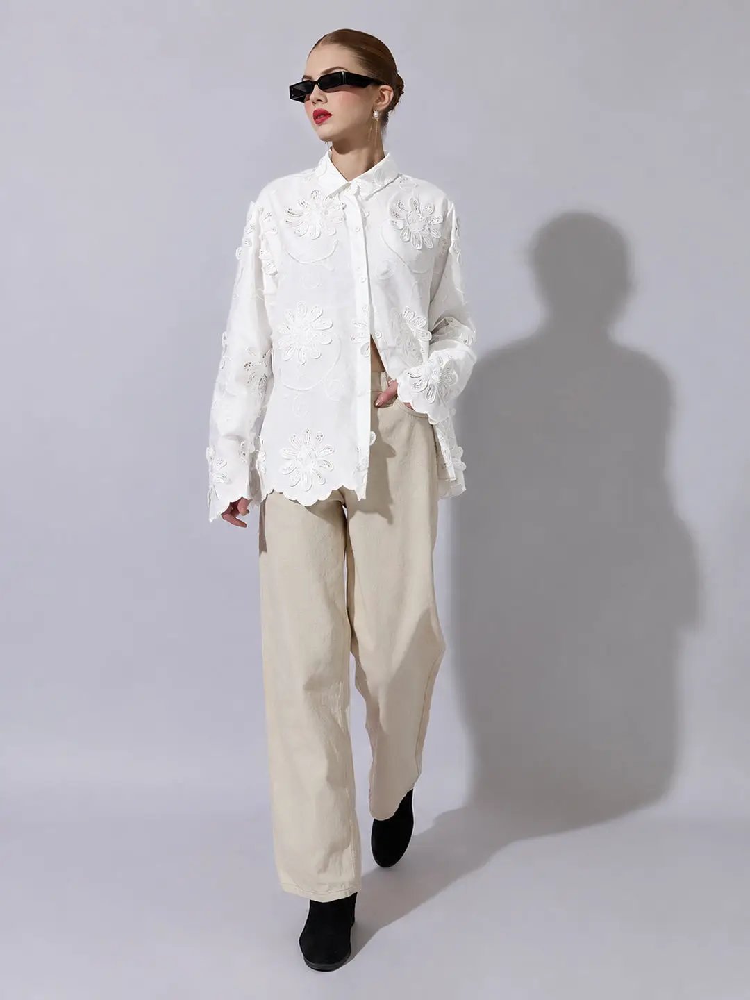 Women's White Shirt with Floral Applique Detail