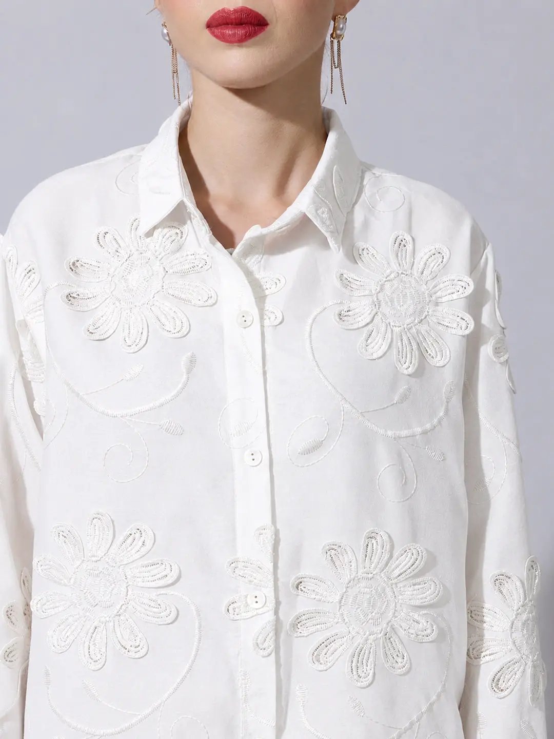 Women's White Shirt with Floral Applique Detail