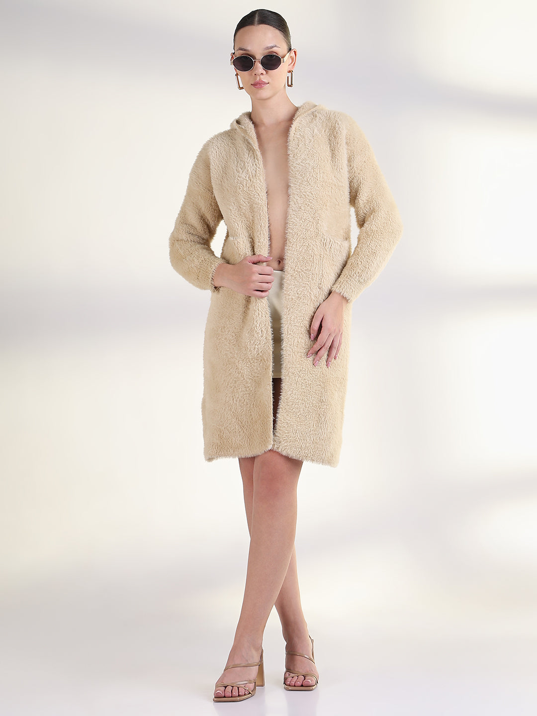 Women's Solid Beige Hooded Longline Shrug