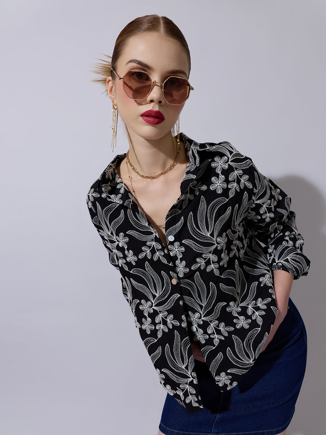 Women's Floral Embroidered Black Shirt