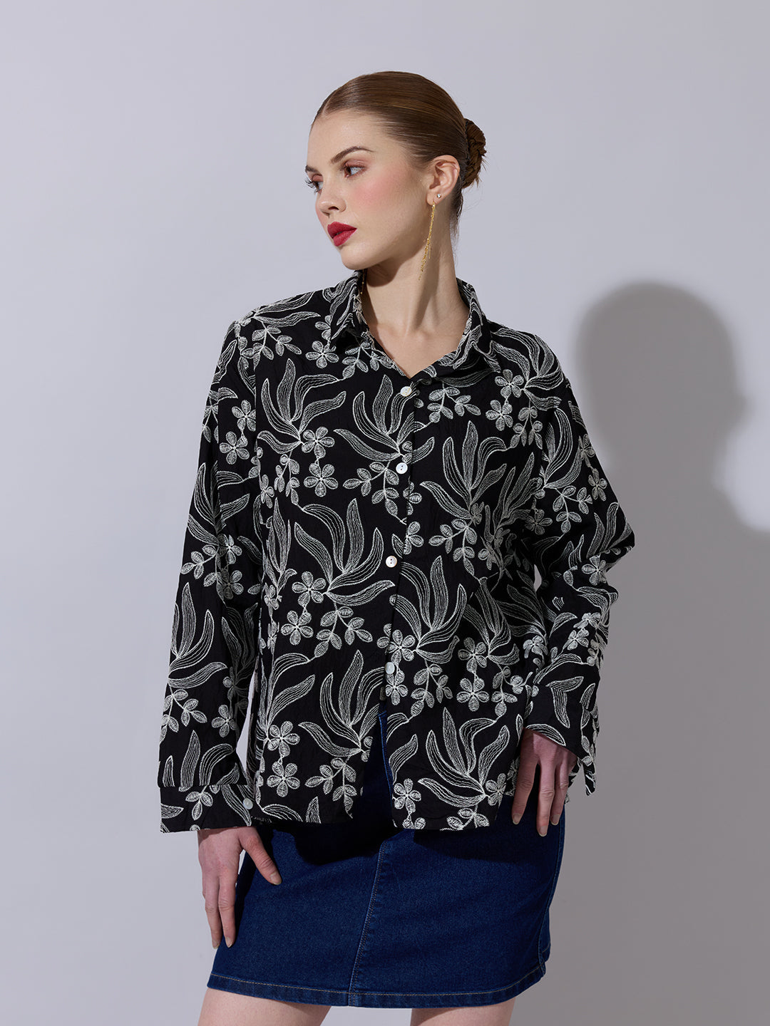 Women's Floral Embroidered Black Shirt