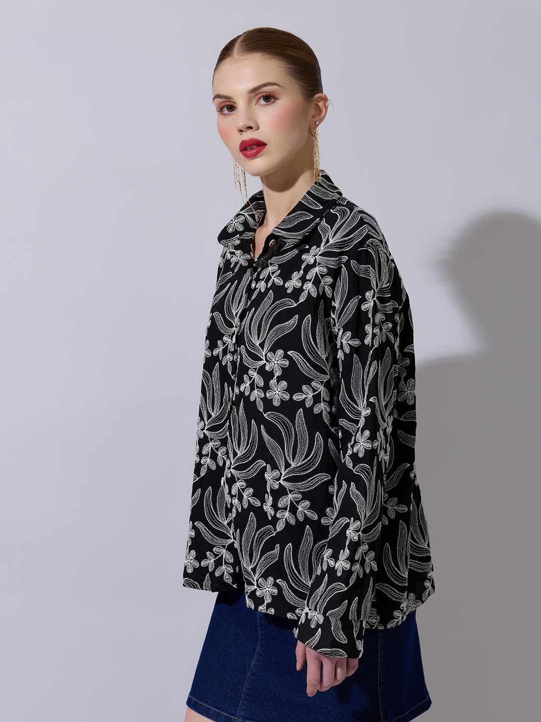 Women's Floral Embroidered Black Shirt