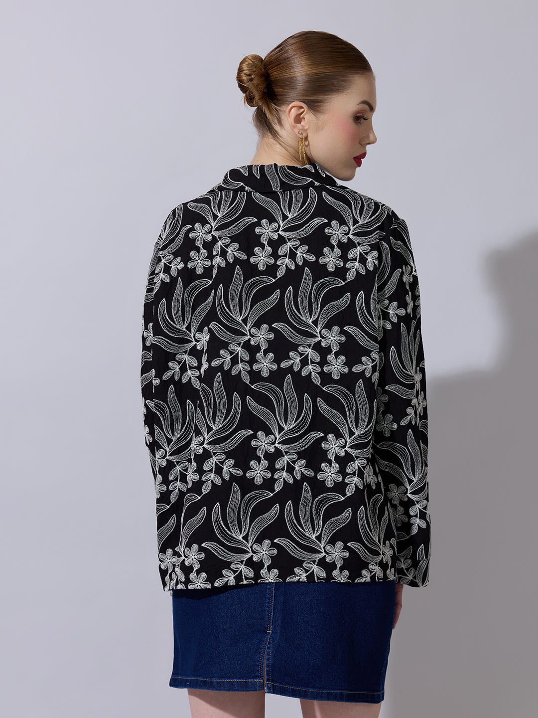 Women's Floral Embroidered Black Shirt