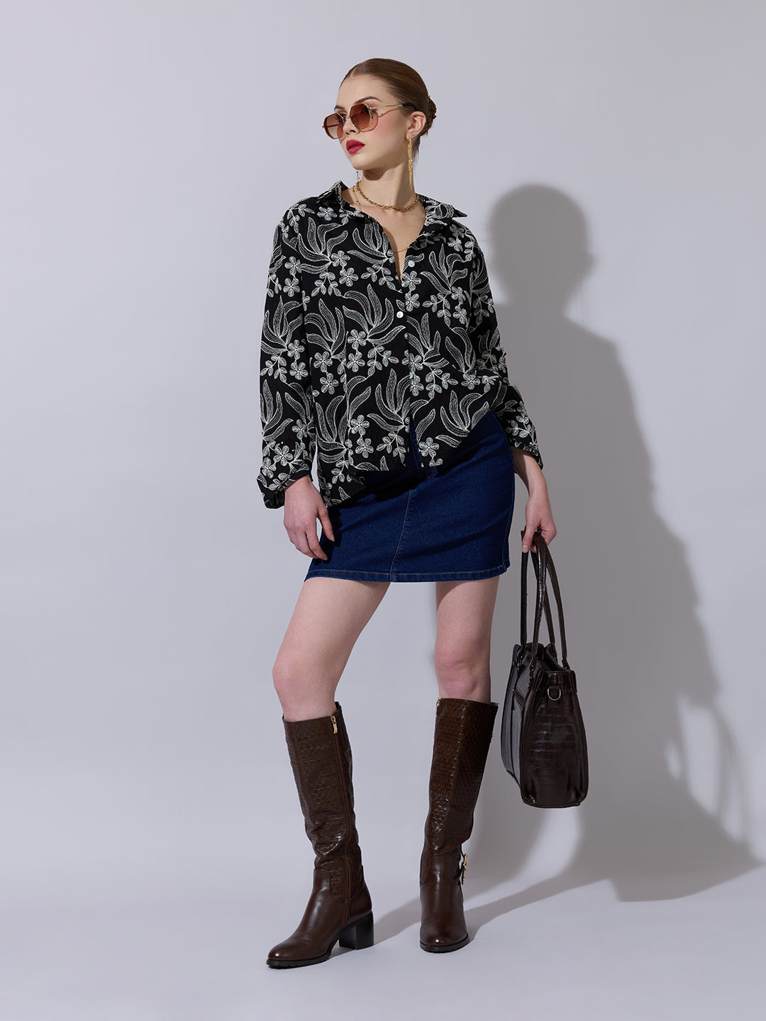 Women's Floral Embroidered Black Shirt