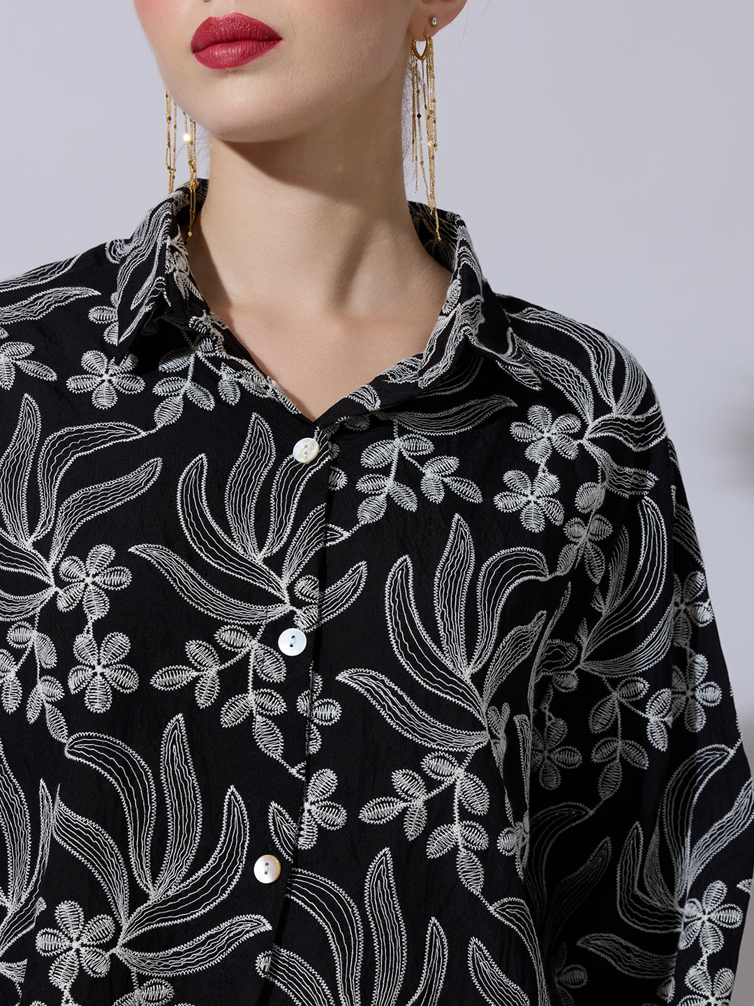 Women's Floral Embroidered Black Shirt