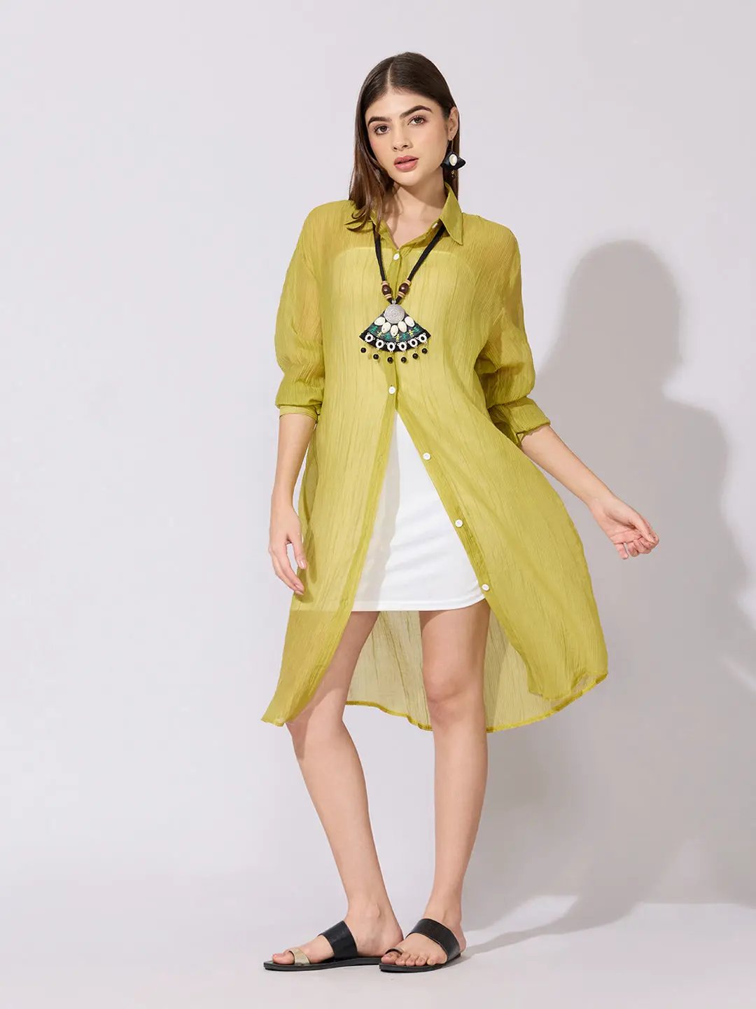 SHOWOFFFF Edition Women's Green Sheer Shirt Dress SHOWOFFFF Edition Women's Green Sheer Shirt Dress