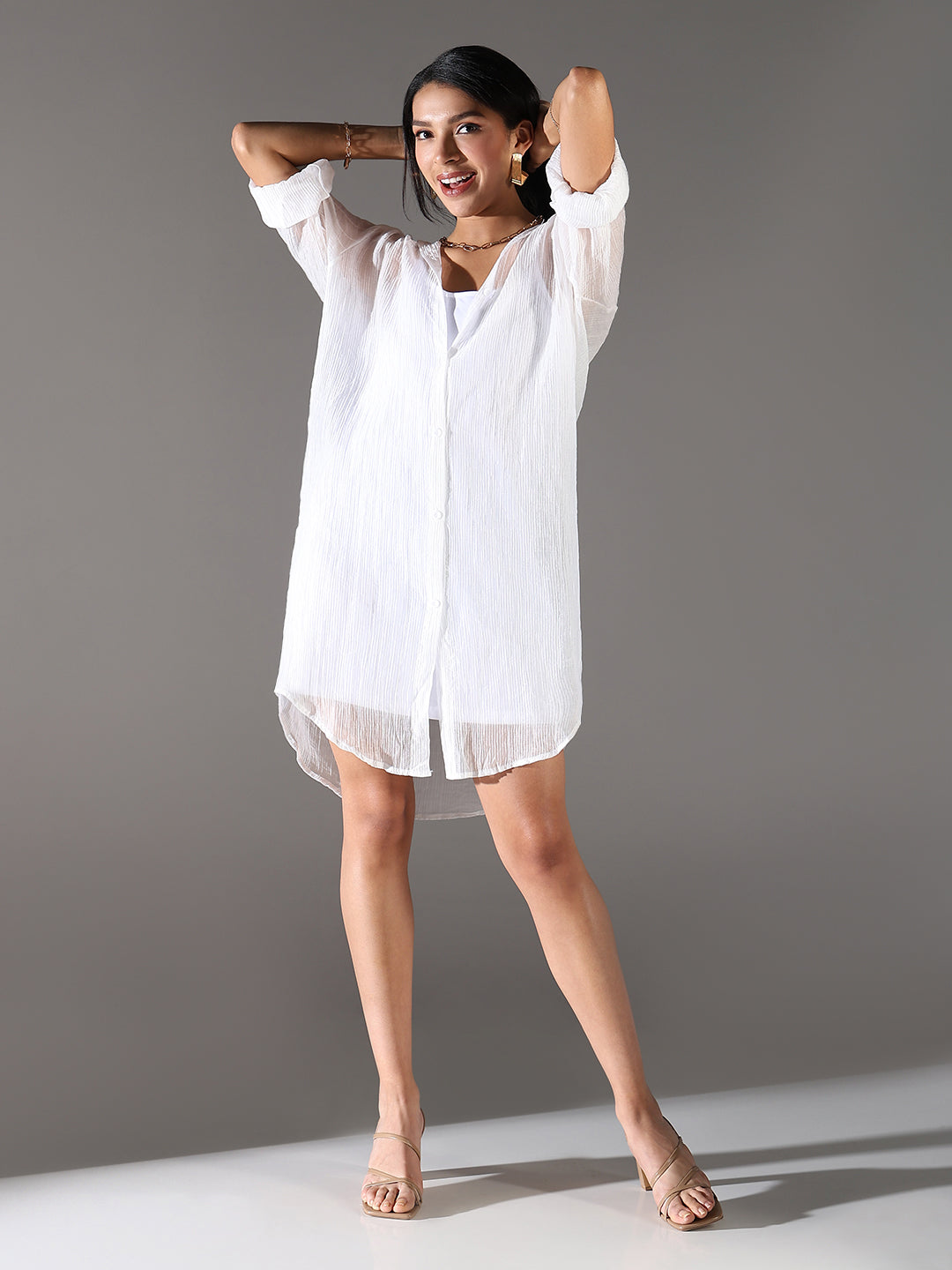 Women White Solid Shirt Dress