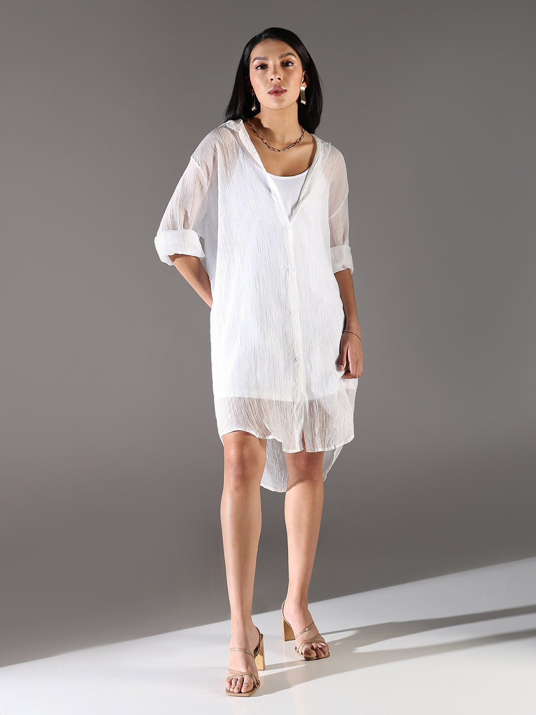 Women White Solid Shirt Dress