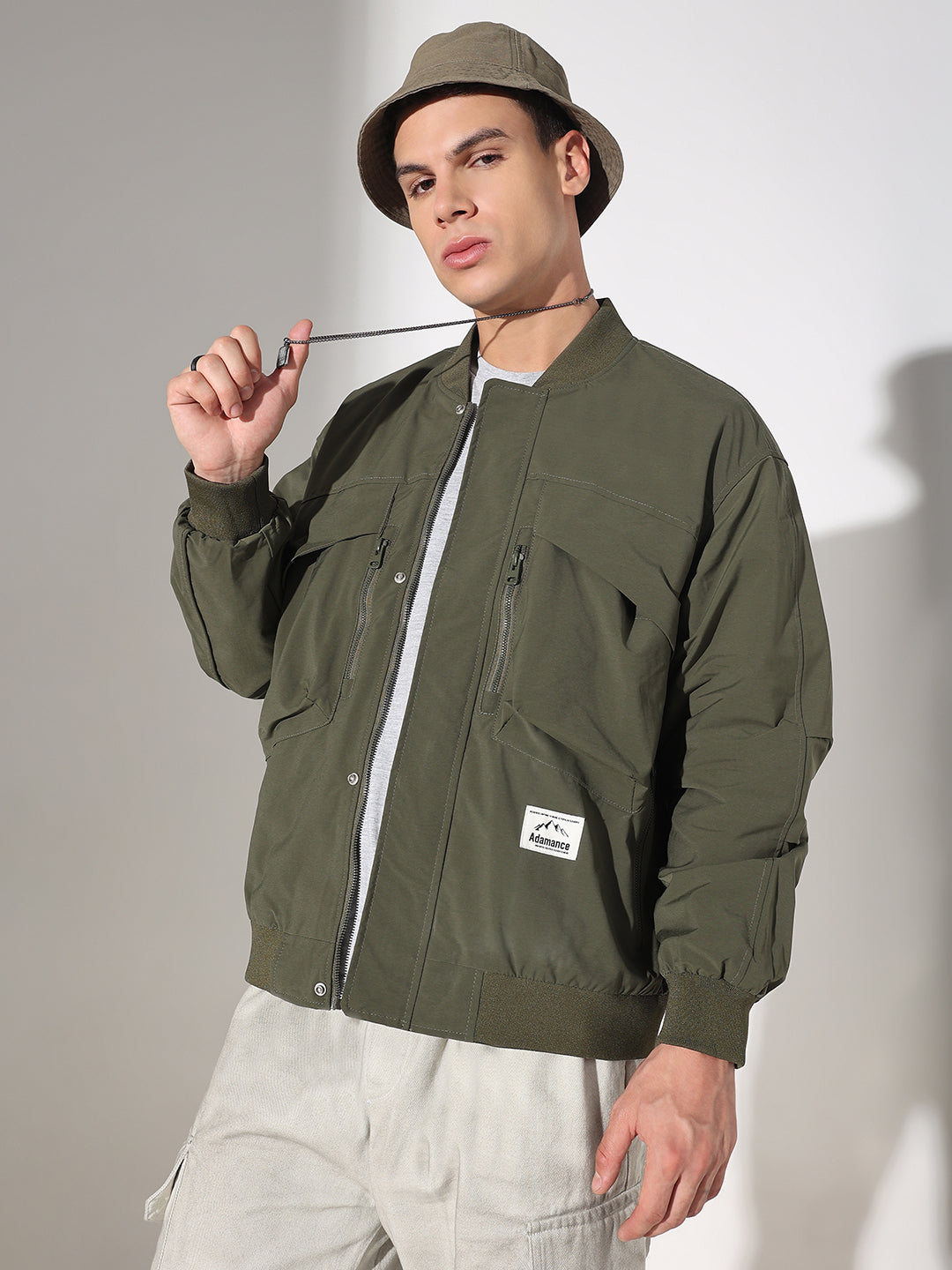Men's Olive Mandarin Collar Bomber Button Up Jacket with Utility Pockets