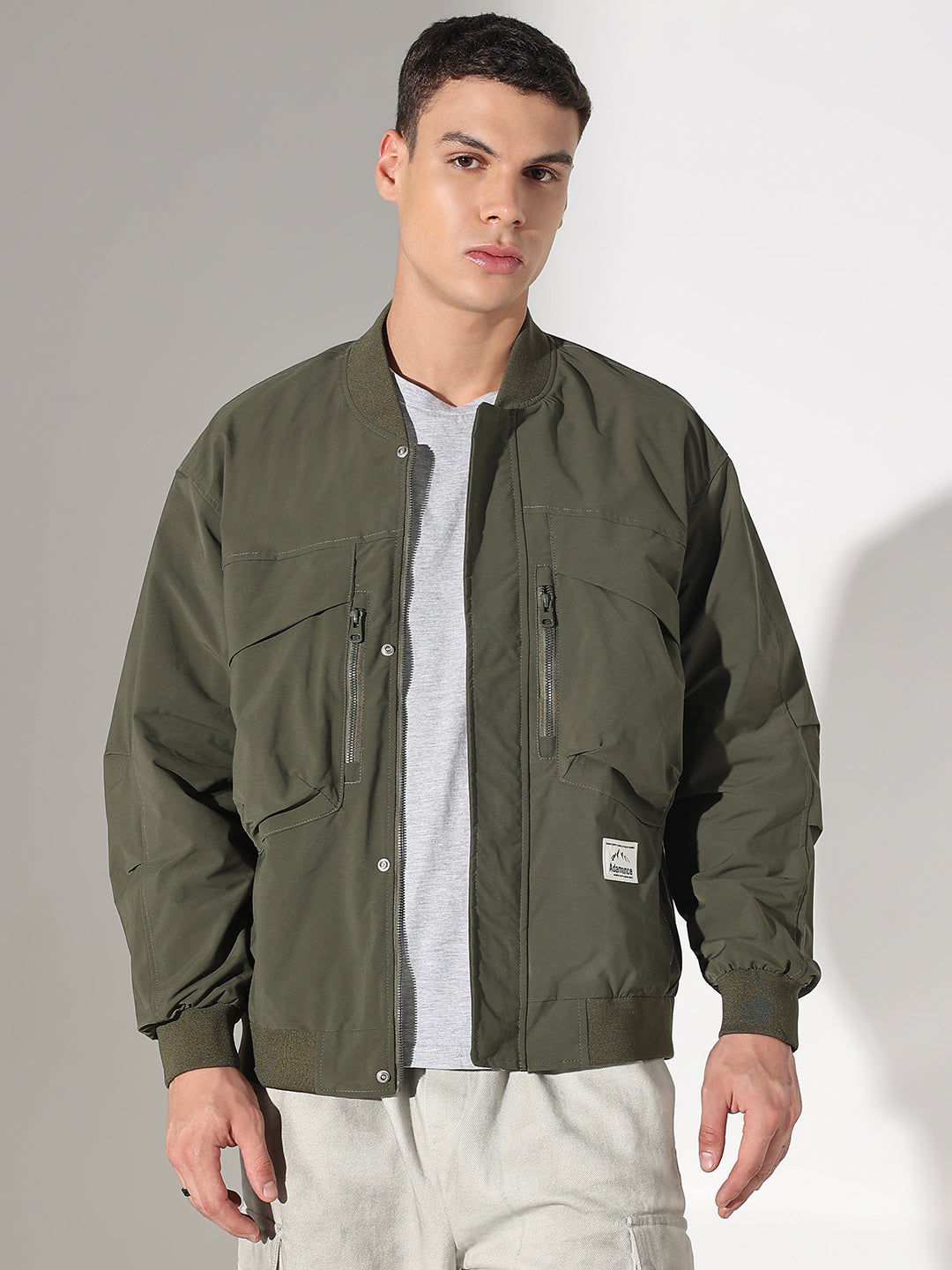 Men's Olive Mandarin Collar Bomber Button Up Jacket with Utility Pockets